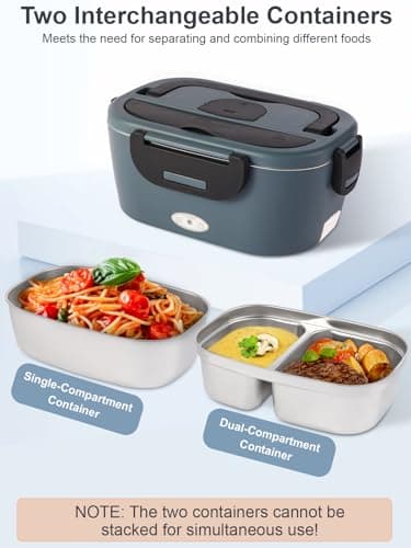Gary Black 80W Electric Heated Lunch Box, Dual Compartment 12V/24V/110V Food Warmer with Utensils and Insulated Bag