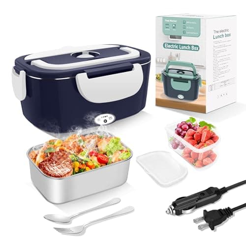 Portable Electric Heated Lunch Box for Adults: 80W 1.5L with Stainless Steel Container & Bag — Blue/White