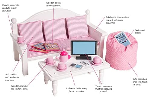 Eimmie 18 Inch Doll Furniture Set - White Wooden Couch & Coffee Table, Living Room Accessories