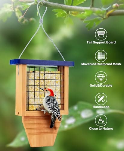 Woodpecker Tail Prop Suet Feeder, Blue, Hanging Outside