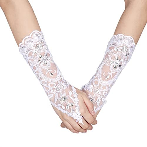 Lacey Ivory Rhinestone Fingerless Gloves for Brides or Prom Party
