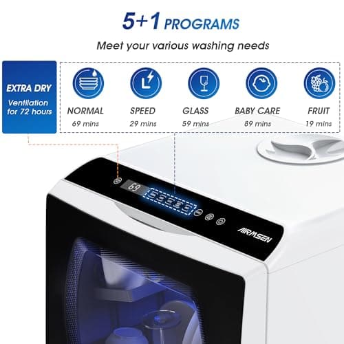 AIRMSEN Portable Countertop Dishwasher, 5 Programs, 5L Tank, Double-Layer Glass Door, No Hookup Needed