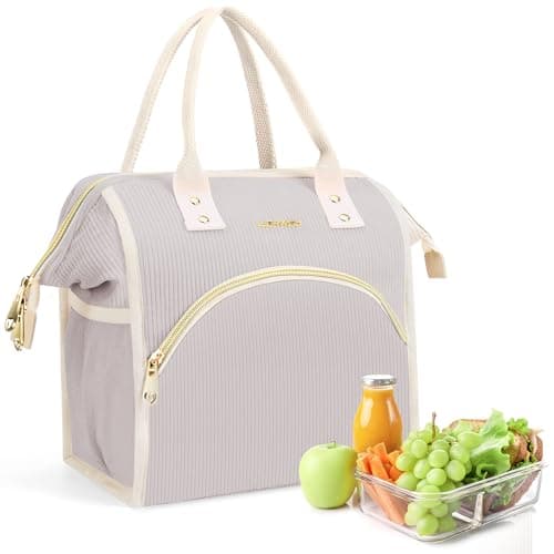 LOKASS Insulated Lunch Bag, Durable Nylon Snacks Organizer, Grey — Corduroy-Light Gray