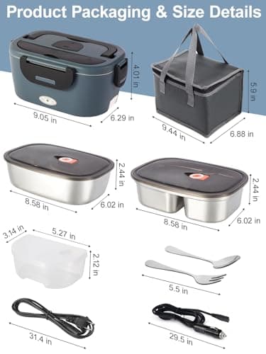 Gary Black 80W Electric Heated Lunch Box, Dual Compartment 12V/24V/110V Food Warmer with Utensils and Insulated Bag