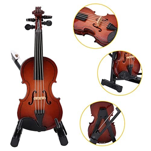 Wooden Miniature Violin with Stand, Bow & Case Mini Musical Instrument