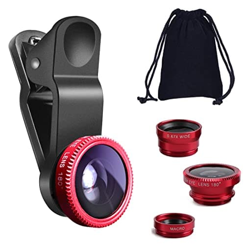 KINGMAS 3-in-1 Lens Kit: Fish Eye, Macro, and Wide-Angle for iPad, iPhone, Samsung, Android, and Most Smartphones (Red)