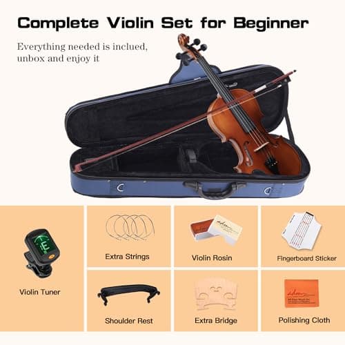 Adm 3/4 Size Wood Violin Set for Beginners with Case, Rosin, Bow, Tuner
