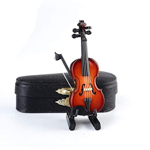 Dselvgvu Miniature Wooden Violin Set with Stand, Bow, and Case - Dollhouse Decor (3.15x1.18x0.59)