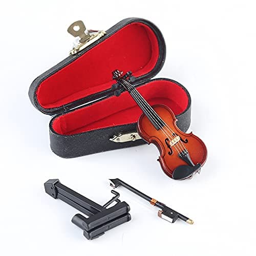 Mini Wooden Violin Set with Stand, Bow, and Case for Dollhouse Decoration (3.15x1.18x0.59)
