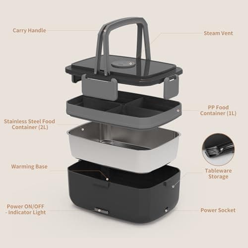 90W Portable Electric Lunch Warmer with 2L Stainless Steel & 1L Fruit Container