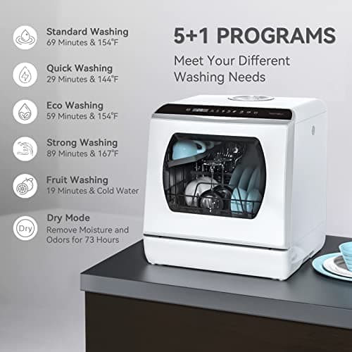 Hermitlux Portable 5-Liter Water Tank Glass Door Dishwasher, 5 Programs