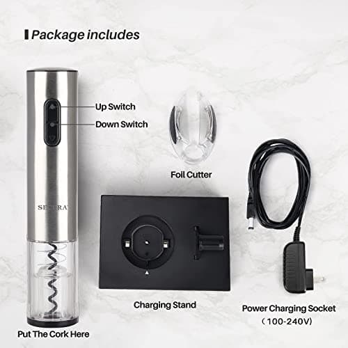 Automatic Electric Wine Opener with Foil Cutter, Rechargeable (Stainless Steel)