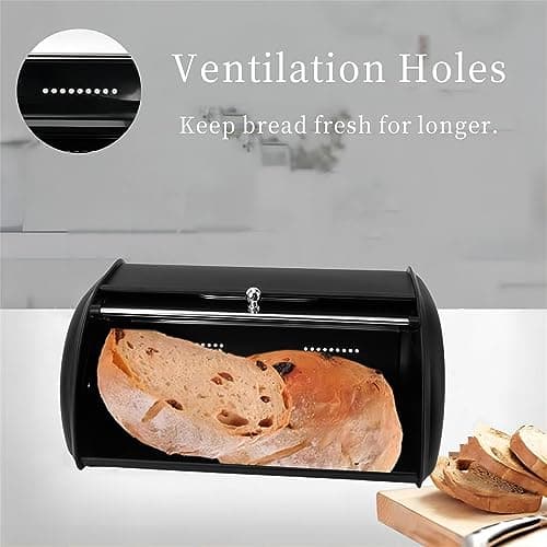 Large Capacity Iron Bread Bin with Roll Up Lid, Black (Home Kitchen)