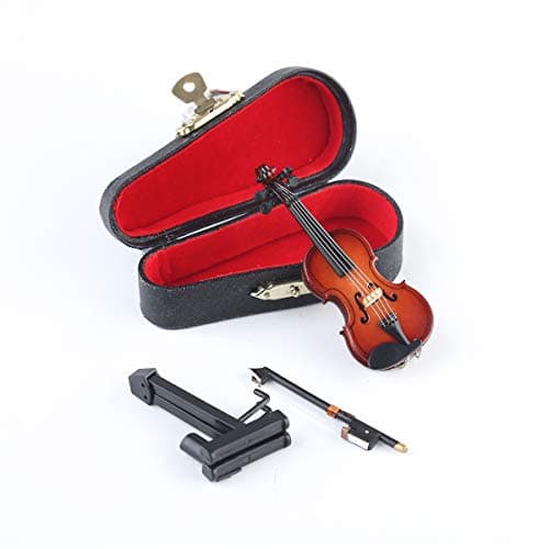 Dselvgvu Miniature Wooden Violin Set with Stand, Bow, and Case - Dollhouse Decor (3.15x1.18x0.59)