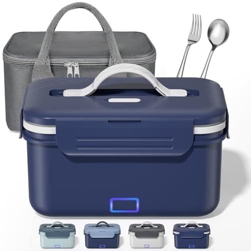 12V/24V/110V Portable Heated Lunch Box for Adults, 1.8L with Fork & Spoon — Indigo Blue + White