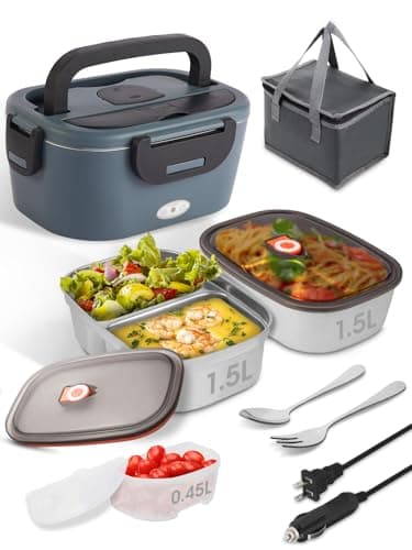 Gary Black 80W Electric Heated Lunch Box, Dual Compartment 12V/24V/110V Food Warmer with Utensils and Insulated Bag