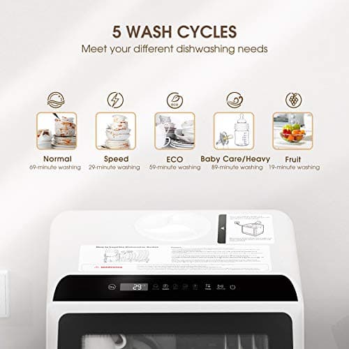 Compact Portable Countertop Dishwasher, 5-L Water Tank, 5 Wash Programs, Air-Dry, LED Light, Baby Care