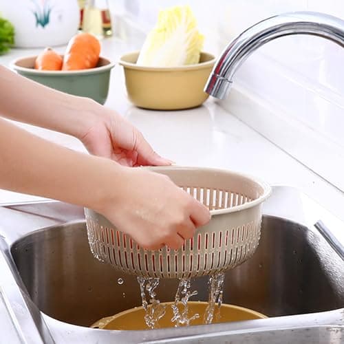 Blue Round Plastic Double Layer Kitchen Strainer Bowl Set for Fruit and Vegetable Wash
