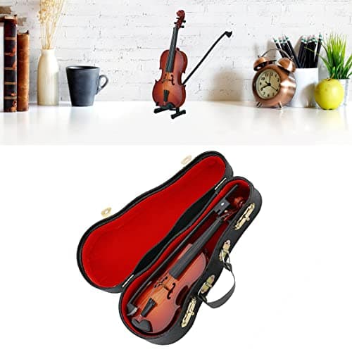 Vintage Wood Miniature Violin with Case & Stand, Home Office Decor, Brown