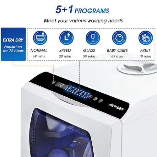 AIRMSEN Portable Mini Dishwasher with 5 Washing Programs, 5L Water Tank, No Hookup Needed for Homes, Apartments & RVs