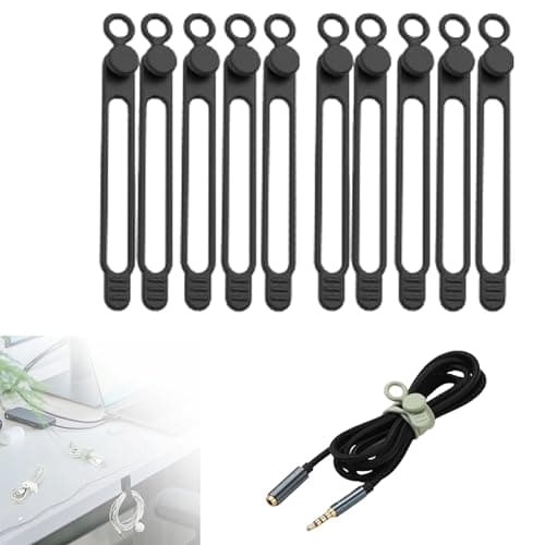 2024 New Silicone Cable Ties, Reusable Data Cable Organizer (Black, 10 Pcs)