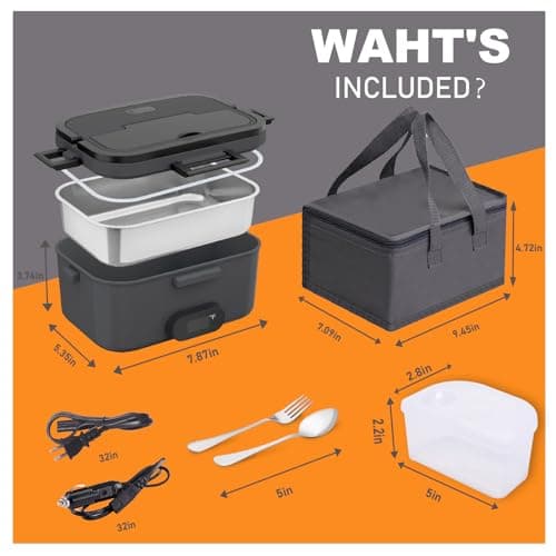80W Heated Stainless Steel Lunch Box with Temperature Display for Adults (Black)