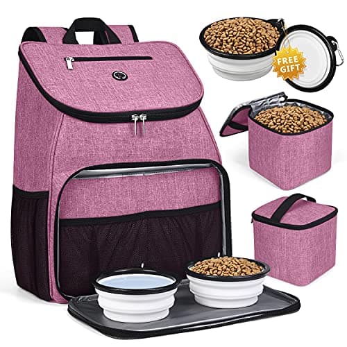 BAGLHER Airline Approved Dog Travel Backpack with Bowls and Food Baskets, Gray — Light pink-A