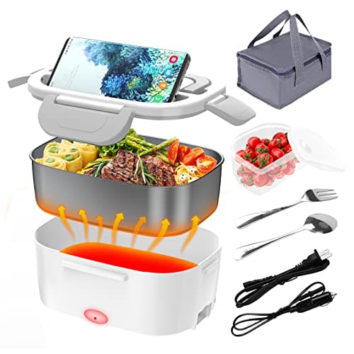 12V/24V/110V 80W Faster Heated Electric Lunch Box with 1.5L 304 SS Container — White+Gray