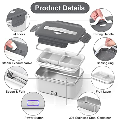 100W Ultra Quick 4-in-1 Lunch Box Heater for Adults, 12V-220V Portable Food Warmer with Fork, Spoon, and Insulated Bag