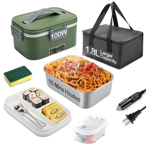 100W Electric Heated Lunch Box for Adults with 2 Stainless Steel Bins (1.5L) — Green