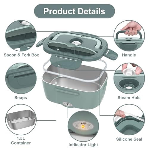 Vabaso 80W Portable Electric Lunch Box for Adults – 1.5L Stainless Steel Food Warmer for Work, Men, Car, and Truck