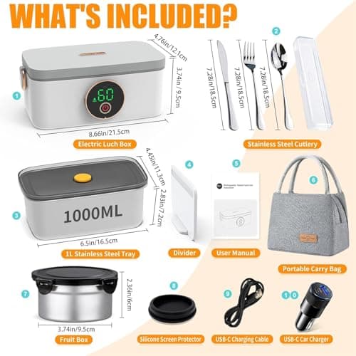 1L Rechargeable Heated Lunch Box with Cutlery & Insulated Bag for Travel, Picnic, Camping