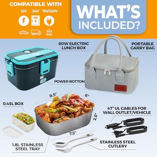 Portable 1.8L 80W Stainless Steel Heated Lunch Box for Adults, 12V/24V Car & Truck, 110V/220V Work & Travel