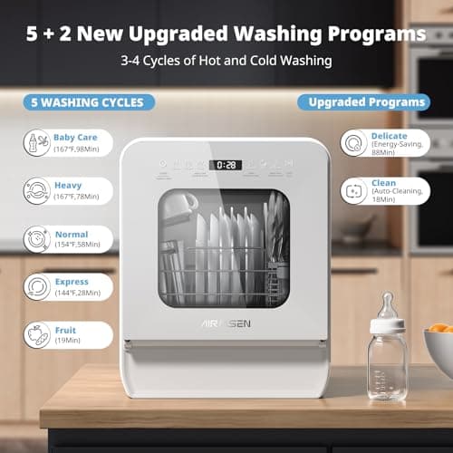 AIRMSEN 14.6" Ultra-Narrow 5L Portable Countertop Dishwasher, 9 Programs, White