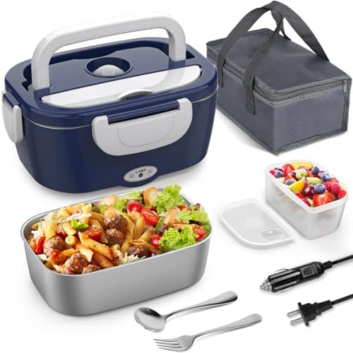 3-in-1 Electric Lunch Box for Adults - Portable Heated Lunch Box with 1.5L Stainless Steel Container for Office, Car, and Truck (110V, 24V, 12V) - Black/Grey — Blue + White