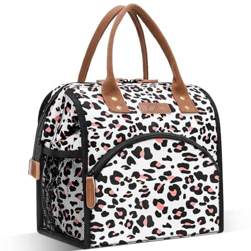 LOKASS Insulated Lunch Bag, Durable Nylon Snacks Organizer, Grey — Leopard-White