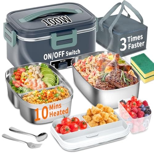 100W 3-IN-1 Heated Lunch Box, Fast Heating, 1.8L Portable, Dual Layer, 12V/24V/110V