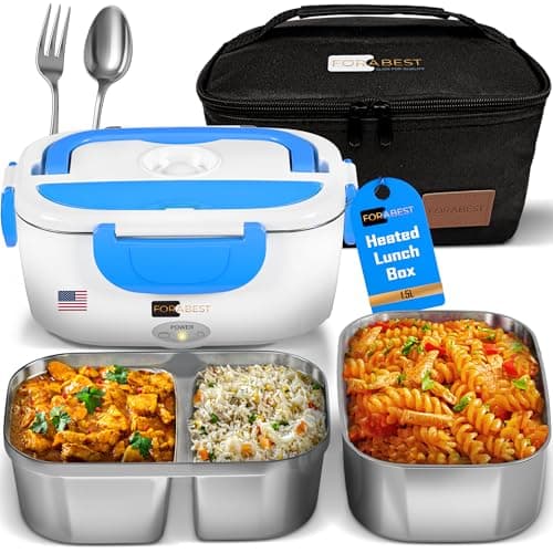 Heated Lunch Box 80W for Adults - Portable 1.5L Food Warmer, 12V/24V Car & Truck, 110V/220V Work & Travel — White Blue