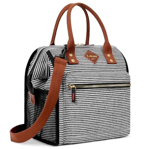 LOKASS Insulated Lunch Bag, Durable Nylon Snacks Organizer, Grey — Black&White Stripes-Upgrade