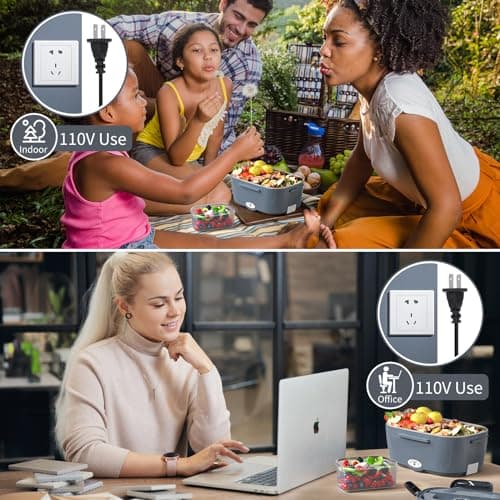 3-in-1 Electric Lunch Box for Adults - Portable Heated Lunch Box with 1.5L Stainless Steel Container for Office, Car, and Truck (110V, 24V, 12V) - Black/Grey