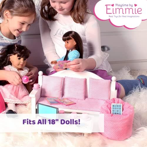 Eimmie 18 Inch Doll Furniture Set - White Wooden Couch & Coffee Table, Living Room Accessories
