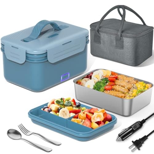100W Ultra Quick 4-in-1 Lunch Box Heater for Adults, 12V-220V Portable Food Warmer with Fork, Spoon, and Insulated Bag — Acid Blue