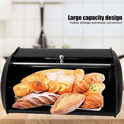 Large Capacity Iron Bread Bin with Roll Up Lid, Black (Home Kitchen)