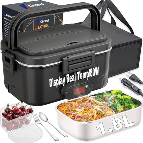 80W Heated Stainless Steel Lunch Box with Temperature Display for Adults (Black)