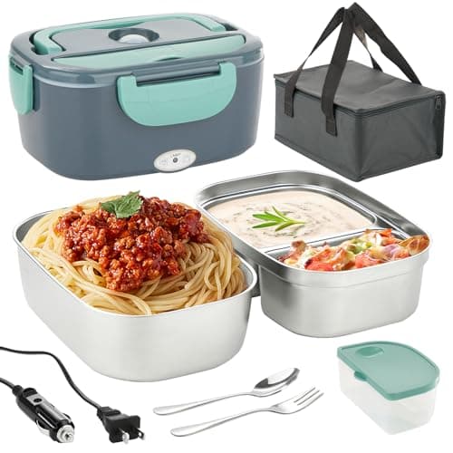 80W Electric Heated Lunch Box for Adults with Dual 1.5L Containers, Snack Holder, and Carry Bag