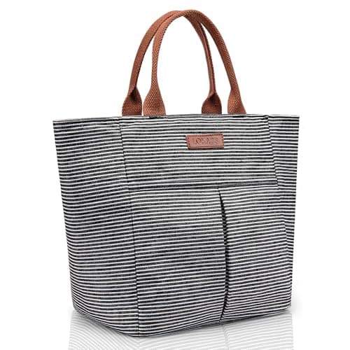 LOKASS Insulated Lunch Bag, Durable Nylon Snacks Organizer, Grey — Black&White Stripes-Tote