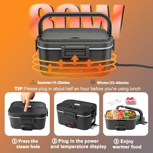 80W Heated Stainless Steel Lunch Box with Temperature Display for Adults (Black)