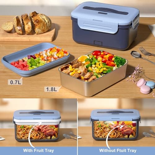 12V/24V/110V Portable Heated Lunch Box for Adults, 1.8L with Fork & Spoon