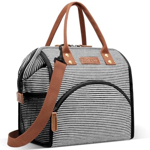 LOKASS Insulated Lunch Bag, Durable Nylon Snacks Organizer, Grey — Black&White Stripes-Straps