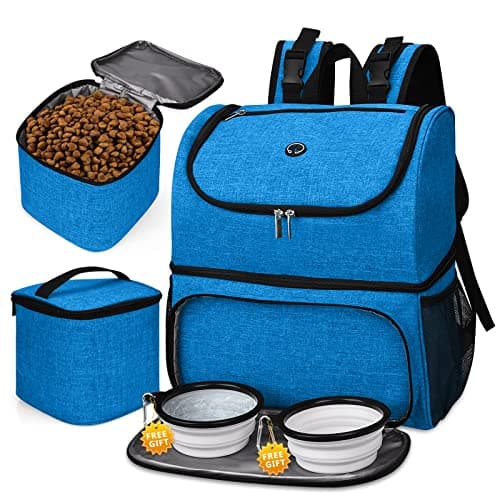 BAGLHER Airline Approved Dog Travel Backpack with Bowls and Food Baskets, Gray — Blue